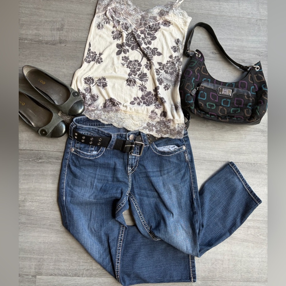 Y2K Silver Jeans Co Capri Jeans W29 Mid Rise Cropped Stretch Denim Indie Boho